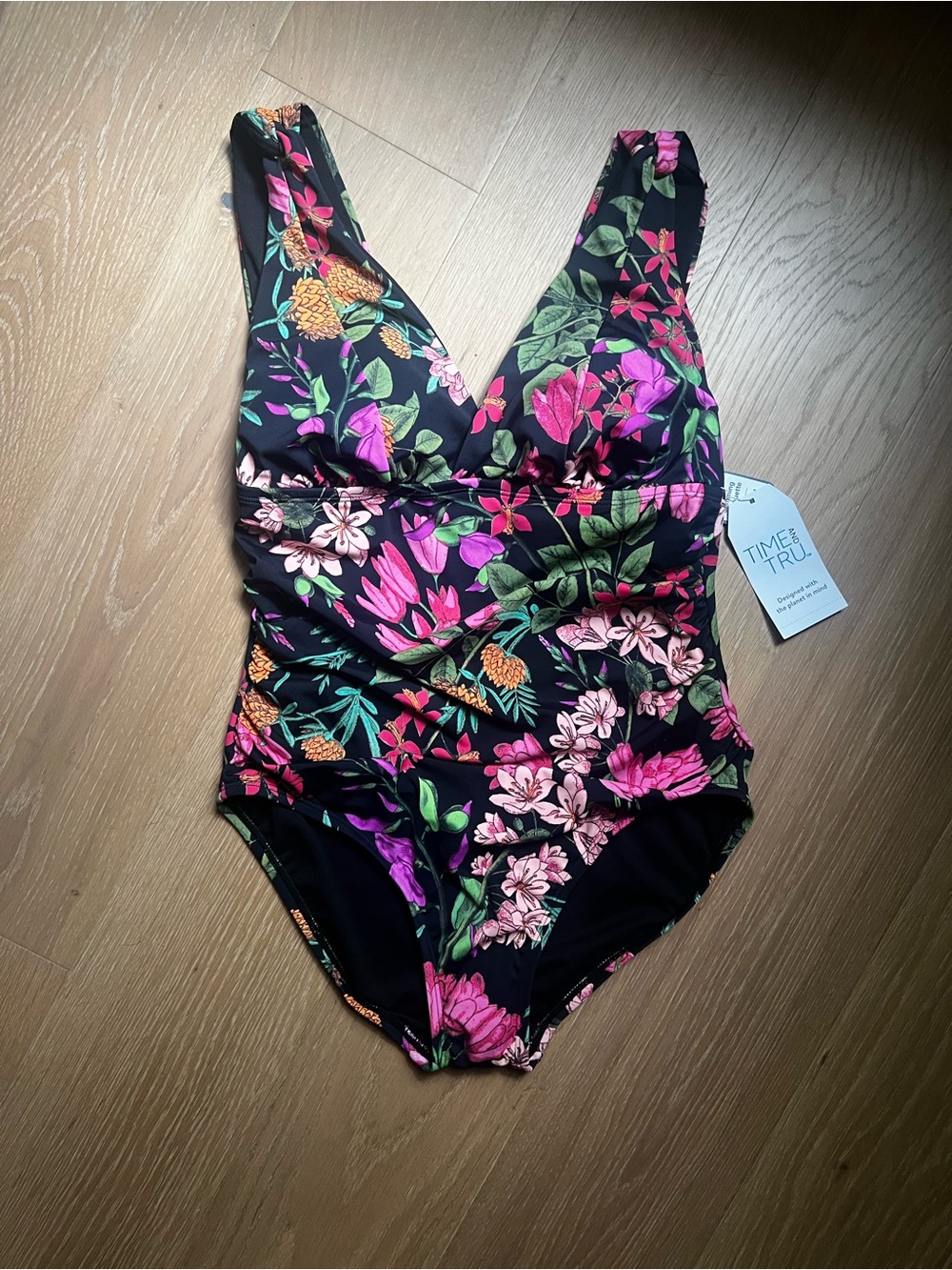 Floral One-Piece Swimsuit - Black with Pink & Green Floral